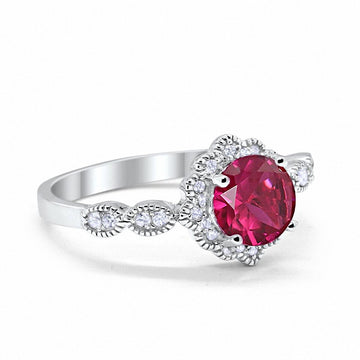 Floral Art Engagement Ring Simulated Ruby CZ 925 Sterling Silver